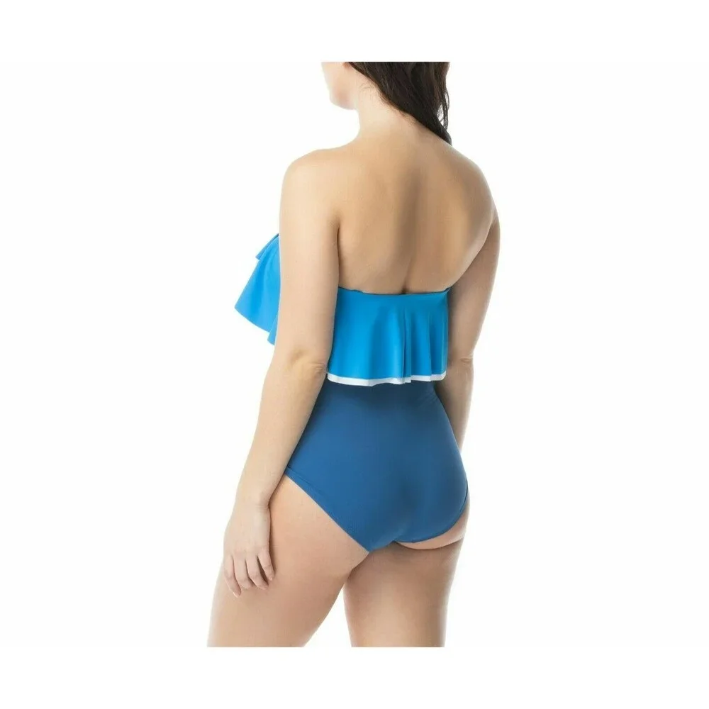 Contours Coco Reef Agate Ruffle Bandeau Swimsuit sz 12 / 36D Cadet Blue - Picture 3 of 3